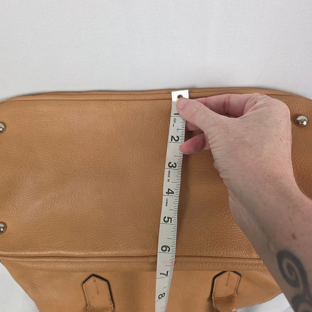 London Fog Tan Pebbled‎ Vegan Leather Satchel Crossbody Bag Blue Trim
